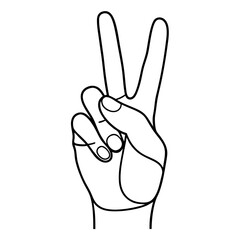 Hand showing peace sign gesture. Line art illustration of a hand forming a peace sign. This simple graphic is perfect for creating posters, flyers.