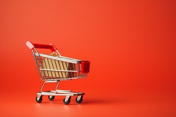 Small shopping cart carrying paper bag on red background promoting ecommerce and retail sales