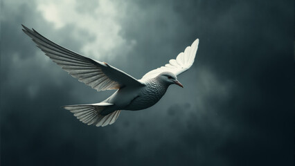 Obraz premium Majestic white bird soaring through stormy skies with clouds tumbling in the backdrop