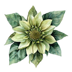 A watercolor green sunflower isolated on a transparent background