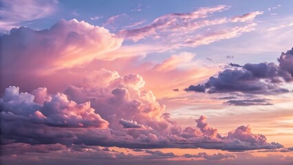 Obraz premium Pastel cloudscape at sunset with soft fluffy clouds isolated on white background. AI GENERATED.