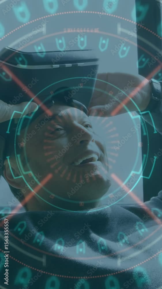 Poster animation of data processing and scope scanning over smiling man wearing vr headset