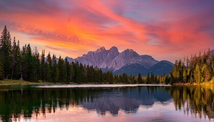 Fototapeta premium a serene mountain range at sunset reflects perfectly in a calm lake framed by dense pine forests under a colorful sky