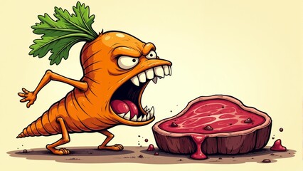 Carrot protests over meat pie, showcasing whimsical character in a vibrant kitchen setting full of humor and imagination