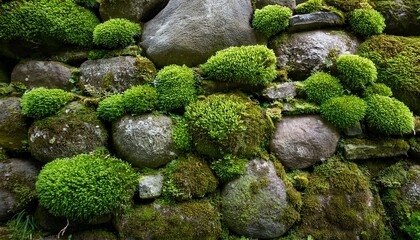 textured stone wall with green moss and small plants