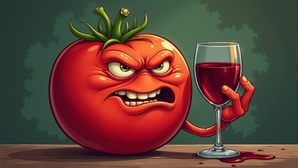 Mischievous tomato raises a glass of red wine in a whimsical forest setting under a playful mood