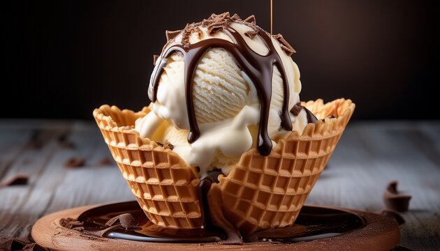 delicious vanilla ice cream with chocolate drizzle in waffle bowl