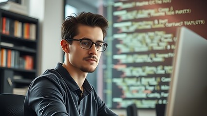 Fototapeta premium A focused developer working at a modern desk with a blurred bookshelf background in soft window light.