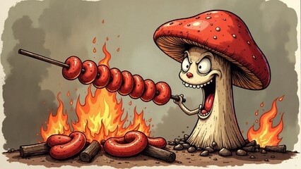 Whimsical mushroom chef roasting delicious sausages over a vibrant campfire in a magical forest during twilight hours