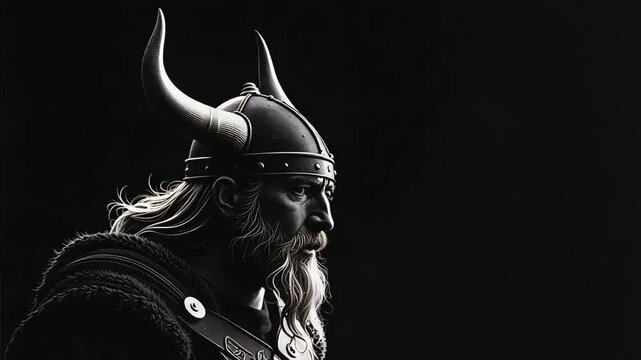 A majestic viking stands in stoic profile, portrayed in a dramatic, black and white portrait.
