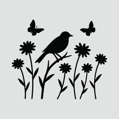 Silhouette bird on branch with flowers and butterflies Vector illustration
