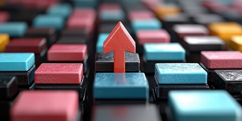 Red arrow is placed on a blue square. The image is a colorful and abstract representation of a keyboard