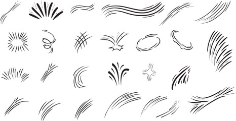 Comic line sparkle and movement elements set. Hand-drawn black ink dynamic strokes, speed lines, starbursts, swooshes, and pop-art accents. Perfect for manga, comic books, cartoon design, and motion e