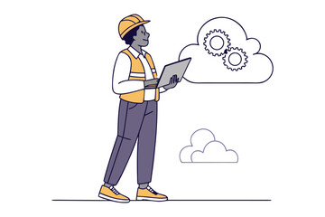 Cloud Engineer Concept: Person holding tablet looks at data in the cloud, set against a clean canvas, evoking innovation and connectivity.