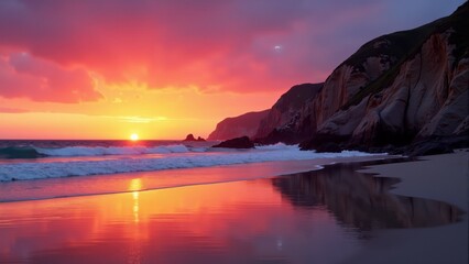 Fototapeta premium Vibrant sunset illuminates the serene coastline as waves gently kiss the shore in a peaceful evening moment