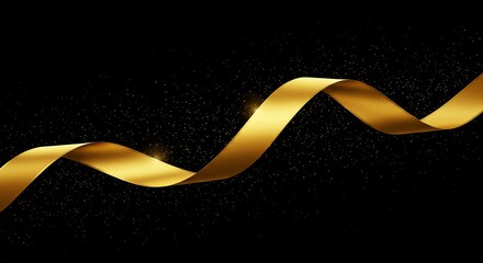 Festive, luxurious black background with gold wave and glitter, shimmering particles with free space for text. Dynamic abstract design with golden light effects and flowing elements.