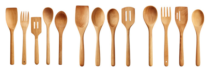 Wooden kitchen utensils set with spoons and forks arranged in row, natural cooking tools for home use