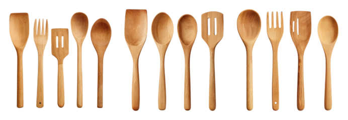 Wooden kitchen utensils set with spoons and forks arranged in row, natural cooking tools for home use