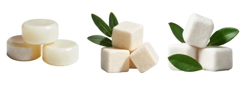 Sugar cube and round sugar lump with green leaf, natural sweetener in different shapes, fresh and clean