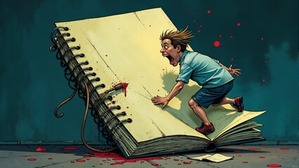 Young boy reaches out to giant open book, immersed in a world of imagination and adventure in a vivid, colorful setting
