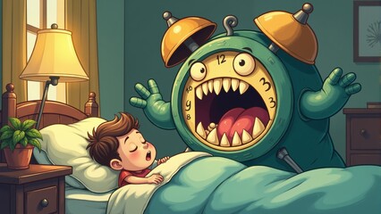 A giant alarm clock yells at a sleeping boy in a cozy bedroom late at night, blending dream and reality in a whimsical way