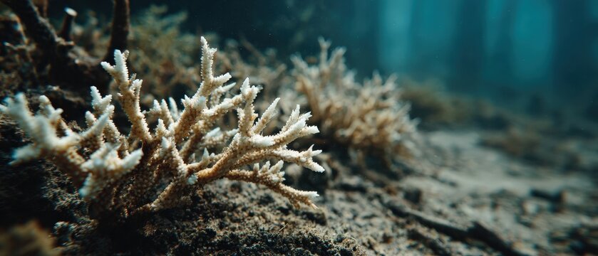 Bleached staghorn coral underwater on ocean floor, a sign of coral bleaching and ocean acidification Concept of marine life, climate change, and environmental conservation