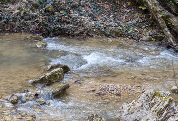 A shallow riverbed with an exposed rocky bottom , a small stream and a stream of water, the spring period in nature