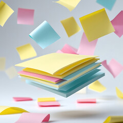 High-detail image of a colorful sticky note pad (with pastel shades of yellow, pink, and blue) floating in mid-air as if it was gently tossed upward.