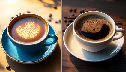 a photorealistic image of two brewed cups of coffee one made from highquality beans rich crema vibrant color and one from poorquality beans weak thin unappetizing anime aesthetic