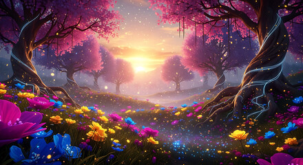 Enchanted Forest with Pink Trees and Colorful Flowers