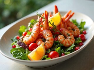 Gegrillte Garnelen auf Blattsalat mit Tomaten und Orangen in natürlichem Tageslicht serviert