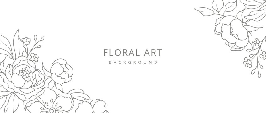 Abstract floral background with minimal flowers and leaves in line art style. Hand drawn botanical elements. Vector illustration for card, banner, print, poster, cover, wedding invitation, packaging