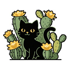 Naklejka premium Black cat sitting among green flowering cacti. Cute pet illustration for sticker, greeting card, children book, or textile design.