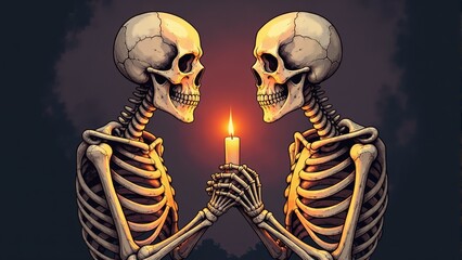 Two skeletons embrace warmth of a flickering candlelight in a striking display of love beyond life during an artistic moment