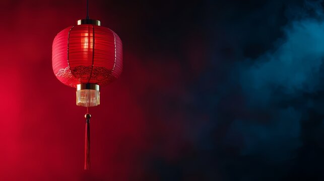 Red lantern with a gold chain hanging from it. The lantern is lit up and is hanging from the ceiling