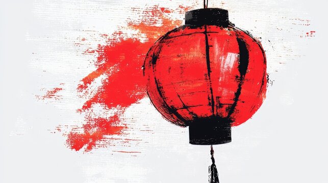 Red lantern with a black handle is hanging from a string. The lantern is surrounded by splatters of red paint, giving the impression of a chaotic and energetic scene