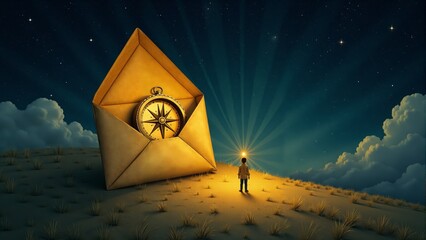 Mysterious envelope with a celestial clock invites an adventurous spirit to a journey among the stars above a tranquil landscape