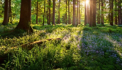 Obraz premium sun dappled forest floor in summer lush green foliage vibrant wildflowers dappled sunlight filtering through the canopy peaceful woodland scene tranquil nature summer scene colorful