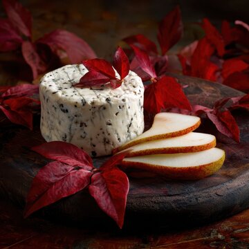 Goat cheese with sliced pears and red autumn leaves