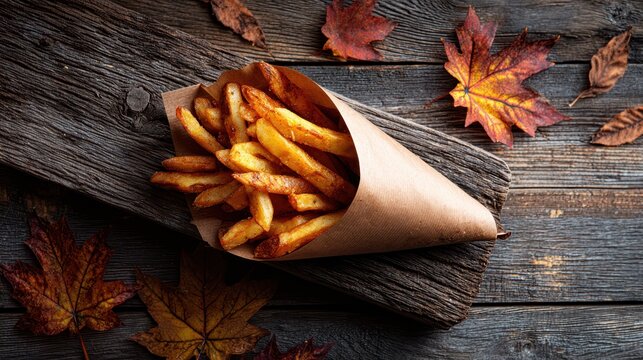 Fries in paper cone on wooden background with autumn leaves