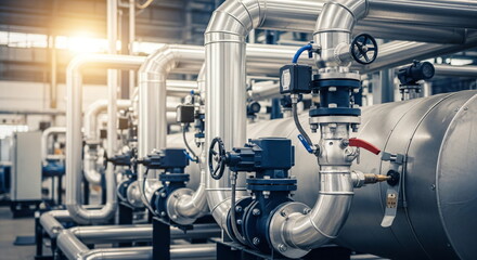 Industrial metal piping system with valves and flanges for fluid transport. Plant infrastructure for heating, cooling, or chemical processing.