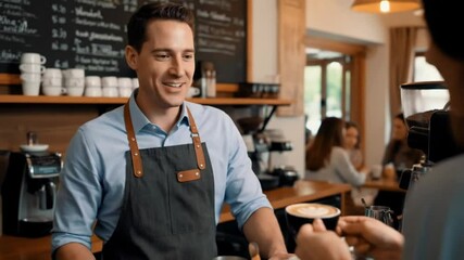 Smiling young businessman working seriously in a city cafe - Powered by Adobe