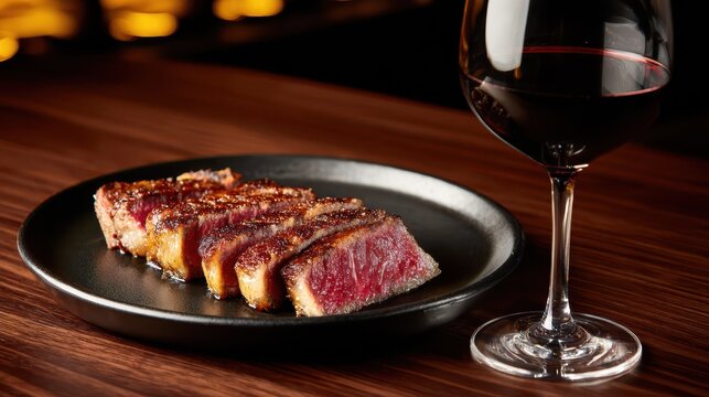 Sliced wagyu steak on black plate with red wine glass