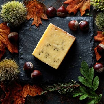 Aged cheddar chunk surrounded by fall foliage on slate plate