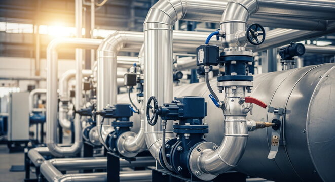 Industrial metal piping system with valves and flanges for fluid transport. Plant infrastructure for heating, cooling, or chemical processing.