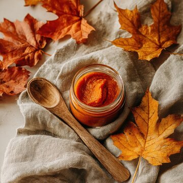 Pumpkin face mask on linen cloth with autumn leaves