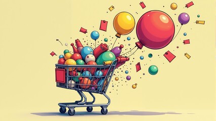 Colorful grocery cart filled with festive items and balloons captures the joy of shopping experience