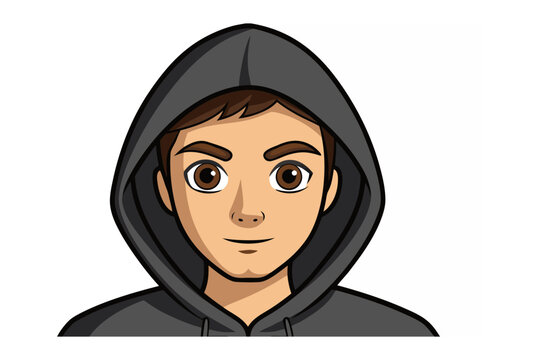 Man's Head in Hoodie: This image features a young man in a casual grey hoodie looking forward with gentle and calm face expression, showing simple graphic face illustration. 