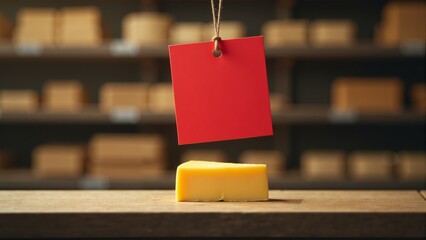 Cheese on display with a vibrant price tag highlighting a special discount at a cozy market during a sunny afternoon