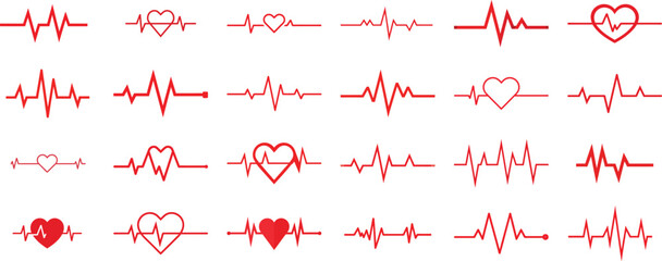Red heartbeat line collection with heart symbol, healthcare clipart vector illustration.